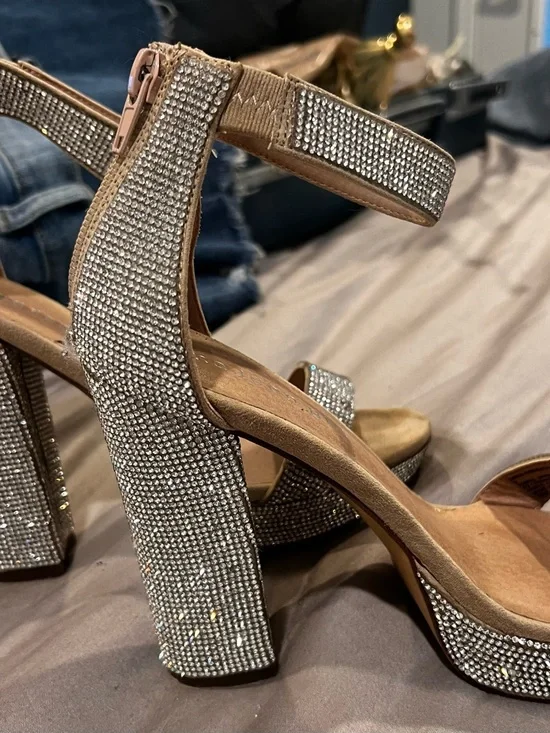 Women's Beige Rhinestone Ankle Strap Heels l 6 - Picture 3 of 4